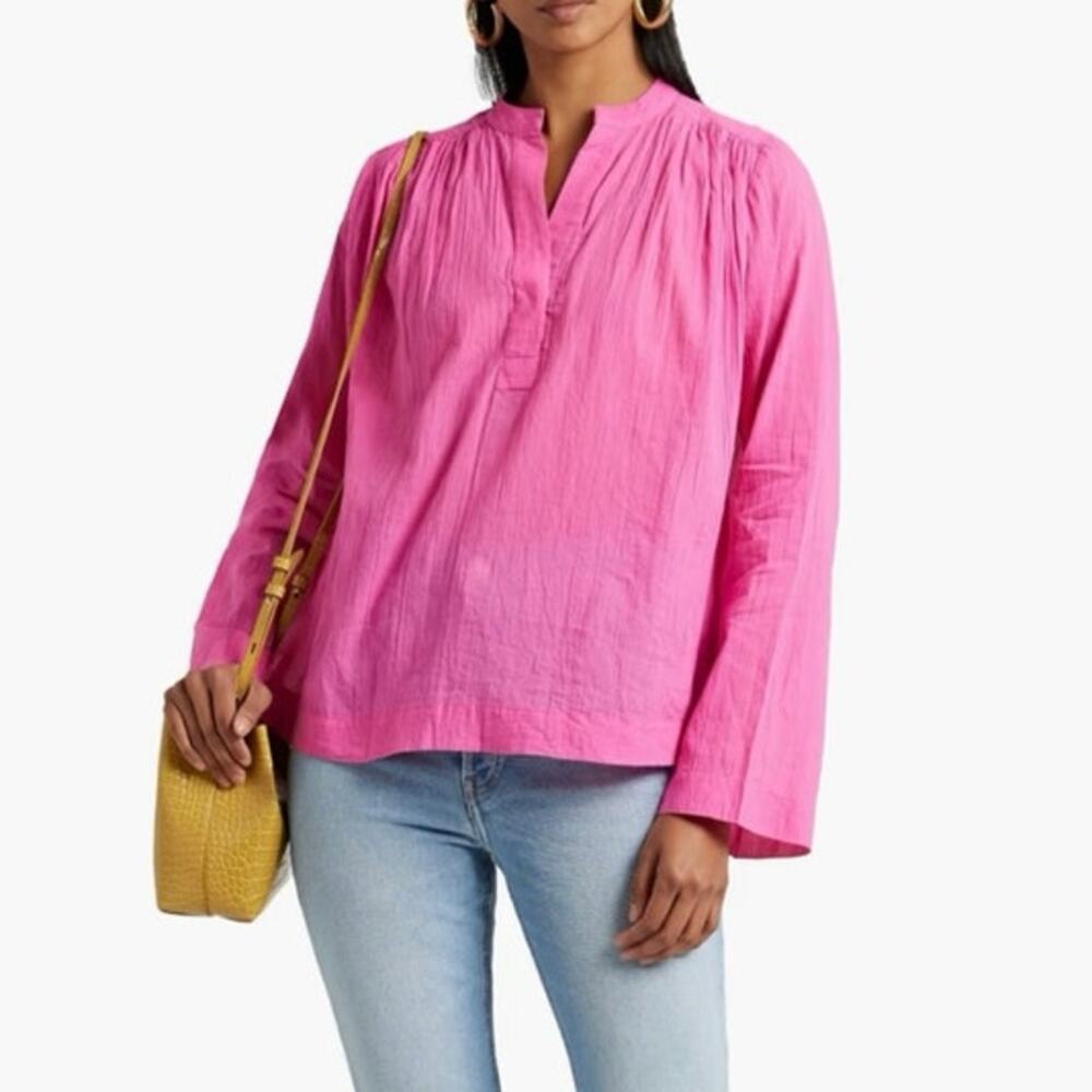 JOIE Size S Bezona Crinkled Cotton Gauze Blouse Top Bright Pink